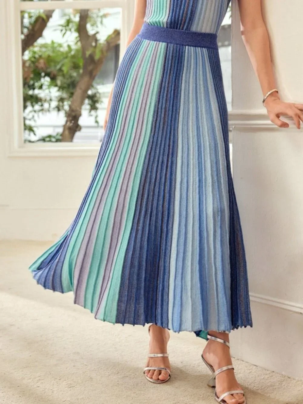 Blue Multicolor Striped Ribbed Knit Pleated Maxi Skirt